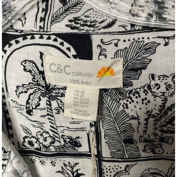 C&C California New Black & White Tropical Print Linen Button-Up Shirt Women’s 2X - Picture 3 of 9